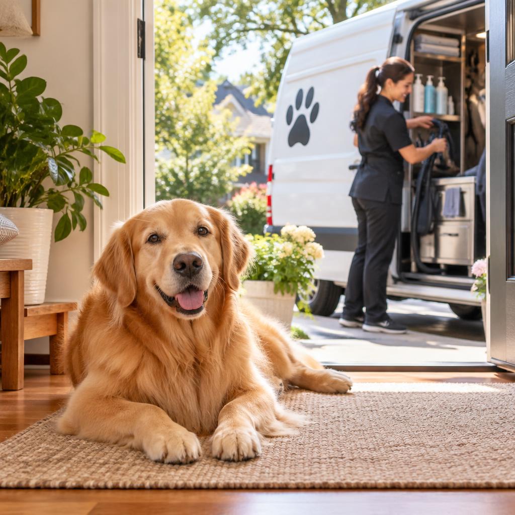 A relaxed golden retriever at home while the mobile grooming van is prepared outside