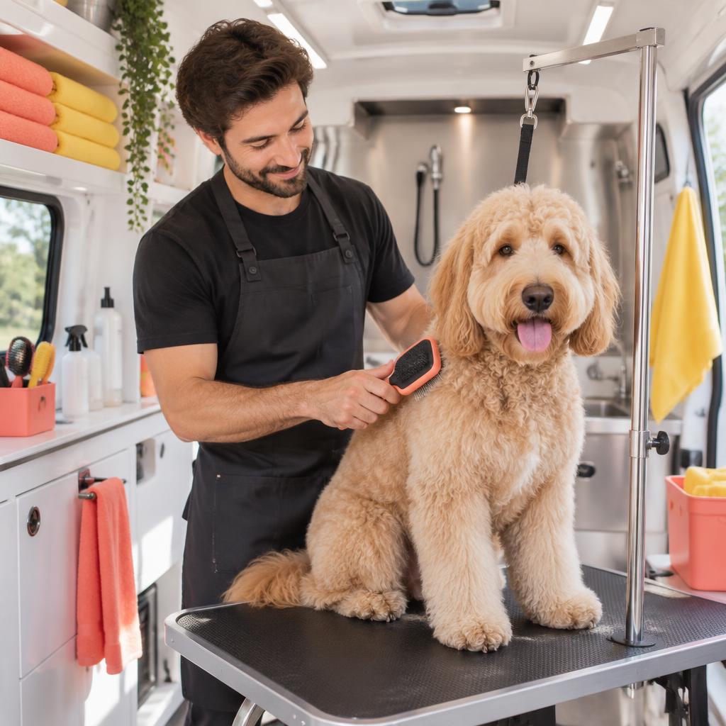 Marcus gently brushing a Goldendoodle inside the grooming van